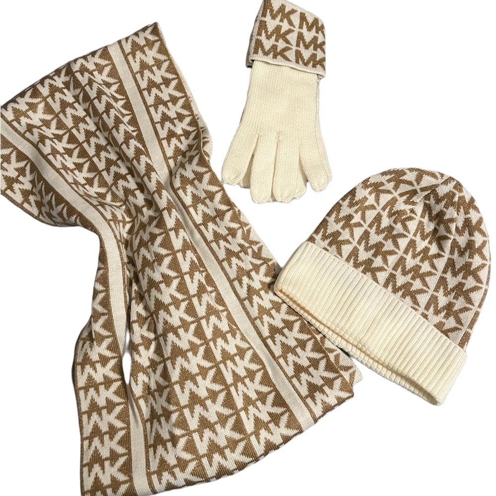 Gold and cream Michael kors scarf,beanie and gloves.